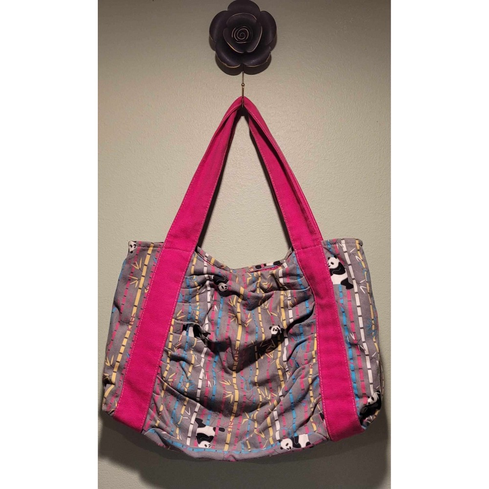 *ANIMAL RESCUE FUNDRAISER*Yak Pak Panda Bamboo Print Canvas Tote Bag HOT PINK